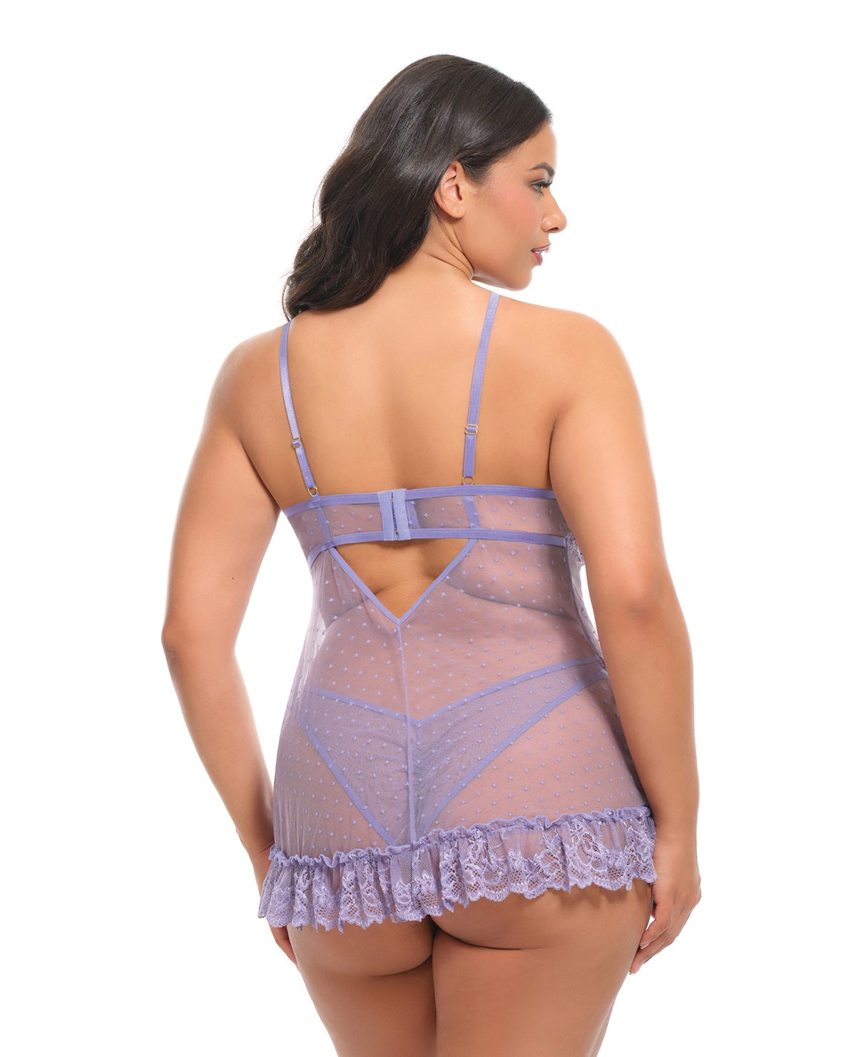 Babydoll Amira Purple Haze en dentelle et maille à armatures, motif pois, avec culotte, tailles 1X à 2X