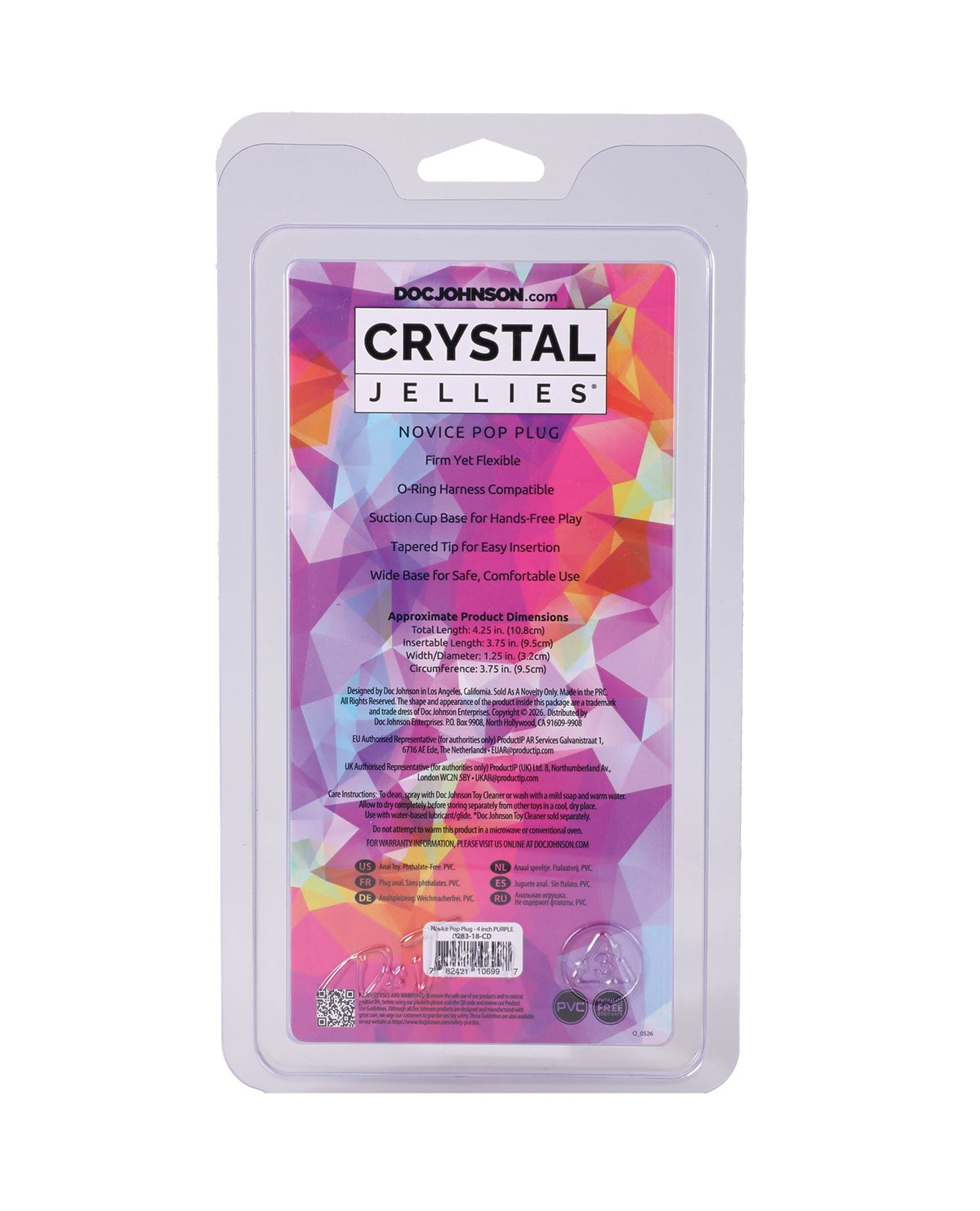 Doc Johnson Crystal Jellies 4-Zoll-Analplug „Pop Plug“ für Anfänger in Lila mit Saugnapf