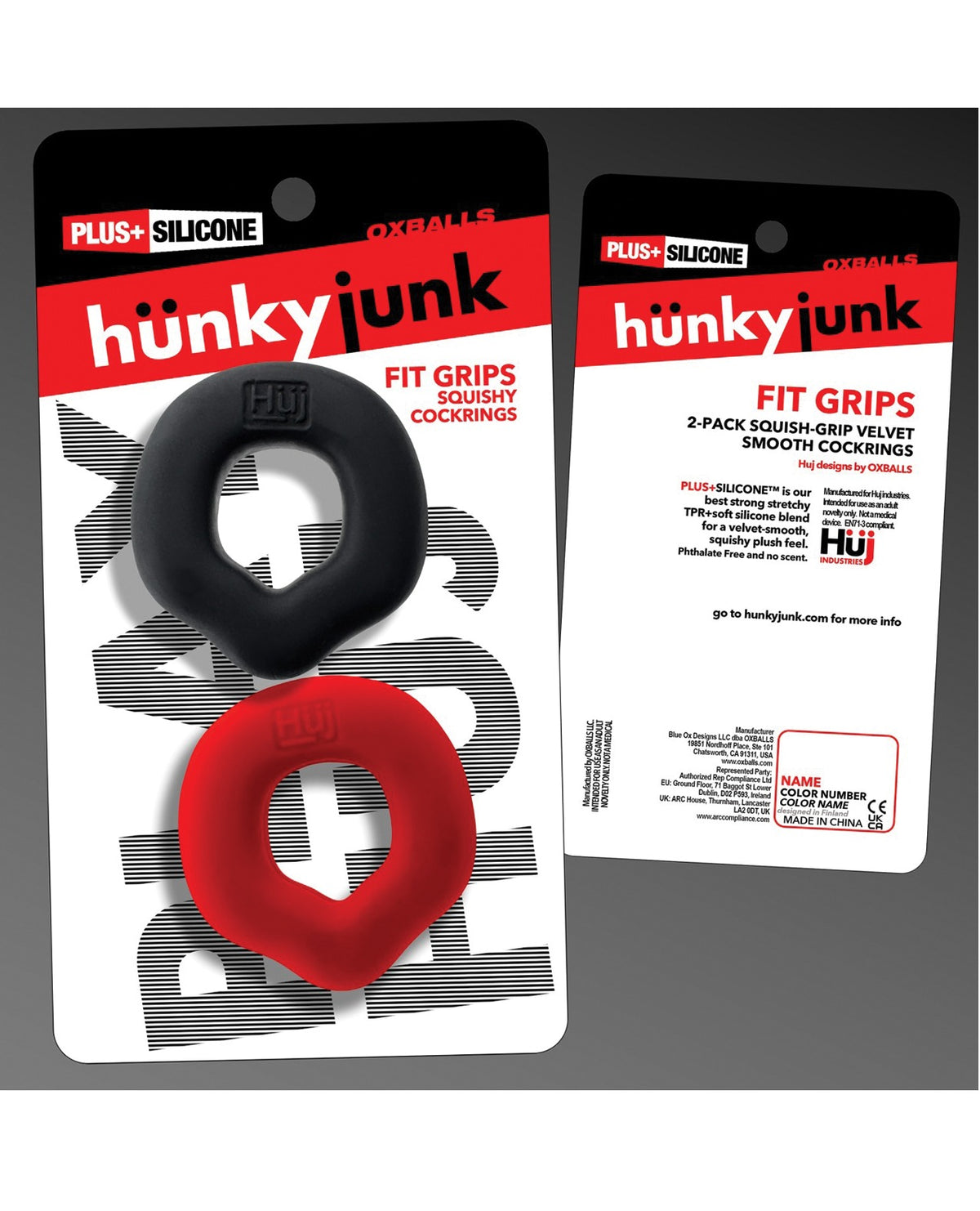 Hunky Junk Fit Grips Ergo Penisringe, 2er-Pack, weiches Silikon, schwarz-rot