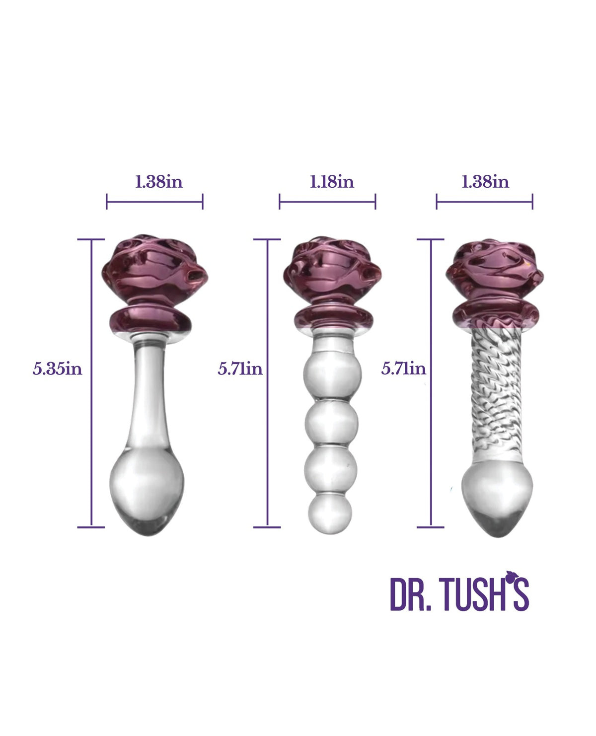 Set premium de dopuri anale din sticlă, în formă de trandafir, Dr. Tush, din sticlă borosilicată