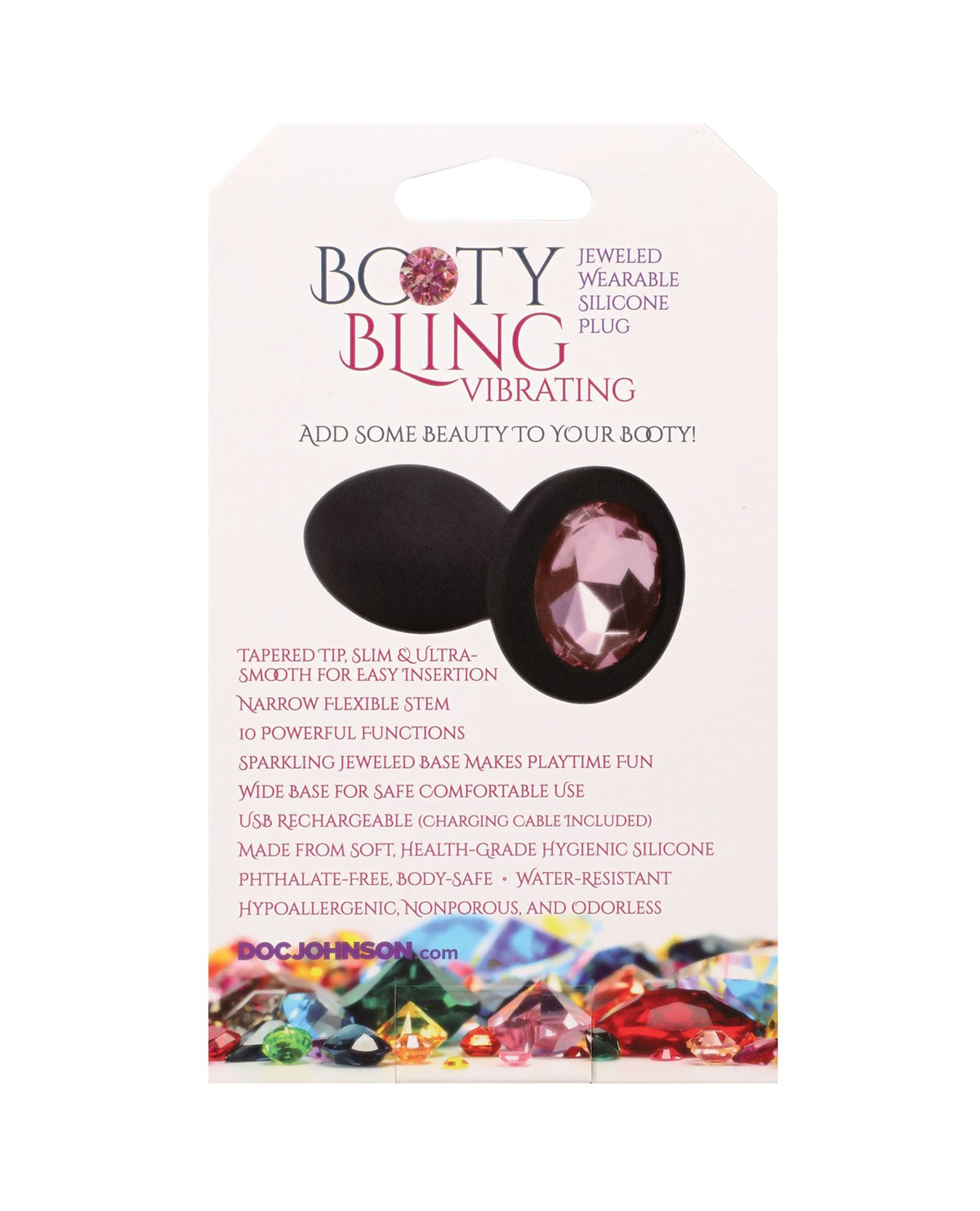 Tapón anal vibrador de silicona con joyas Booty Bling, 3 pulgadas, negro y rosa