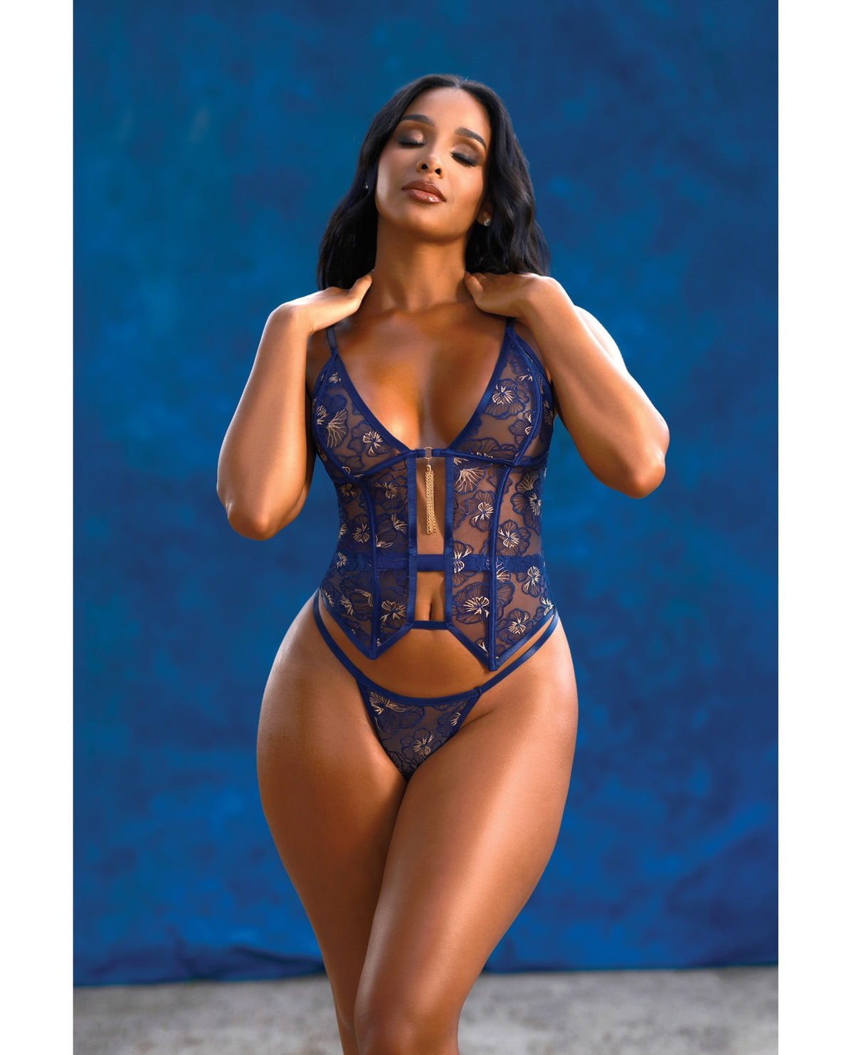 Bleu Floral Embroidered Boned Bustier With Chain Tassel And G String Navy Xl