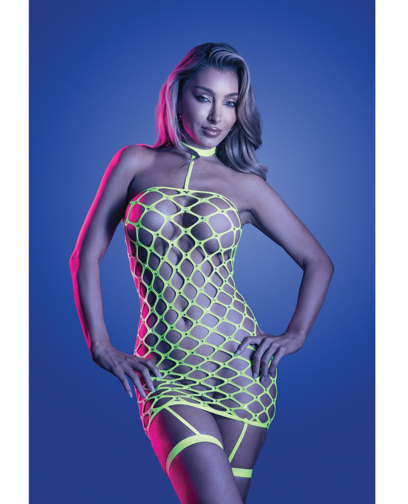 Încărcați imaginea în vizualizatorul Galerie, Rochie Warning Sign cu jartiere, plasă tip gard cu strasuri, verde neon, mărime universală
