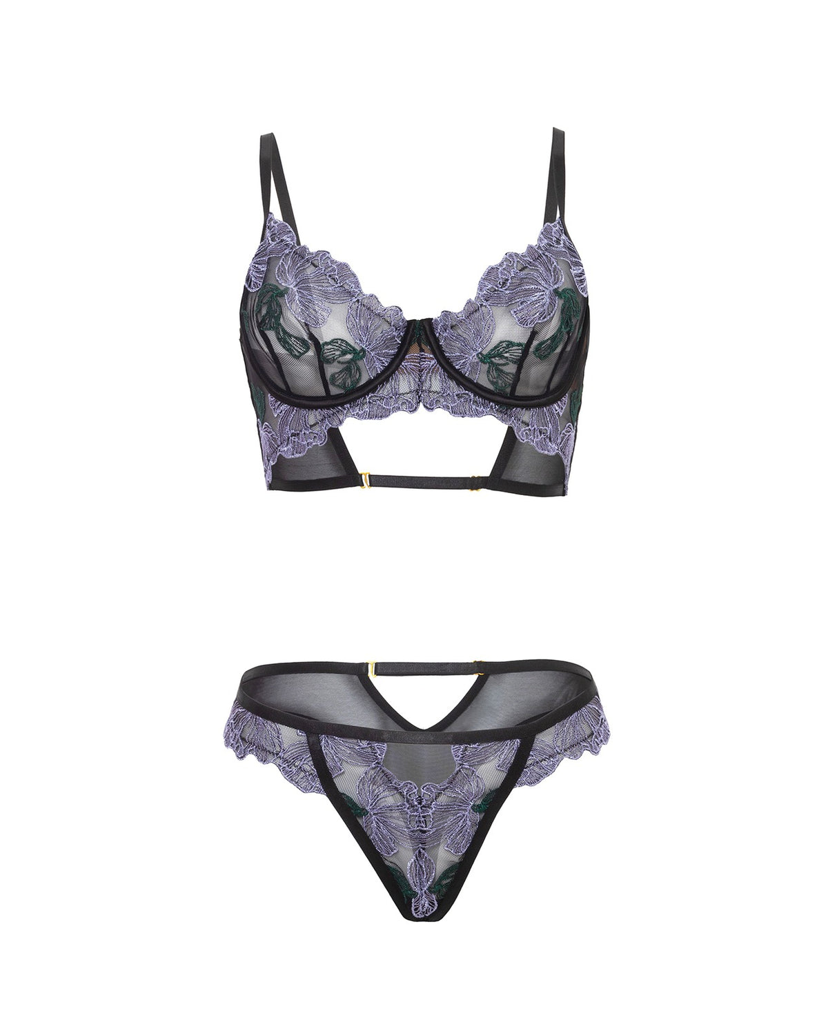Jenna Floral Embroidered Mesh Underwire Bra And Panty Set Purple Black Large