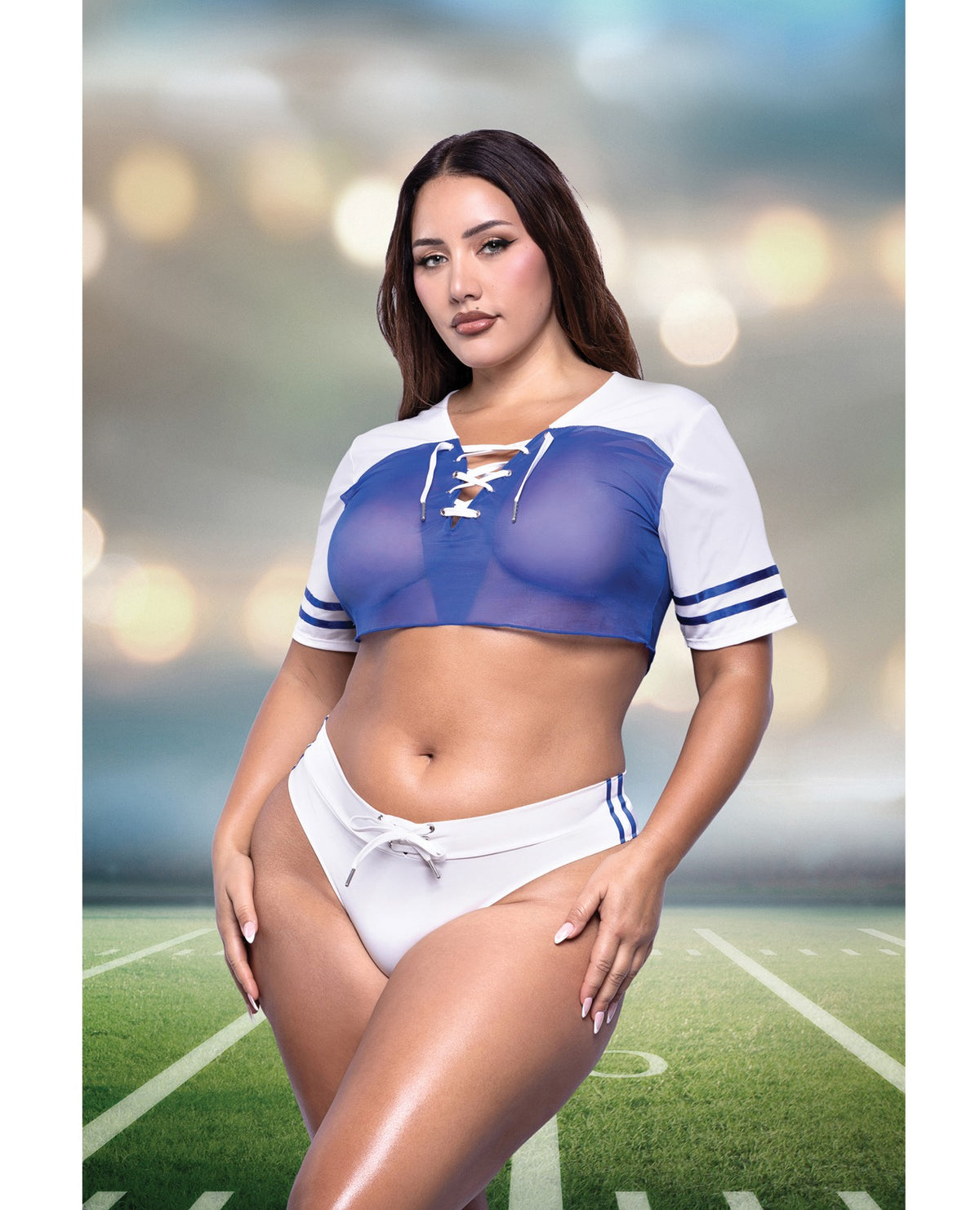 Set taglie forti 1X con top corto blu in rete elasticizzata con allacciatura e perizoma audace