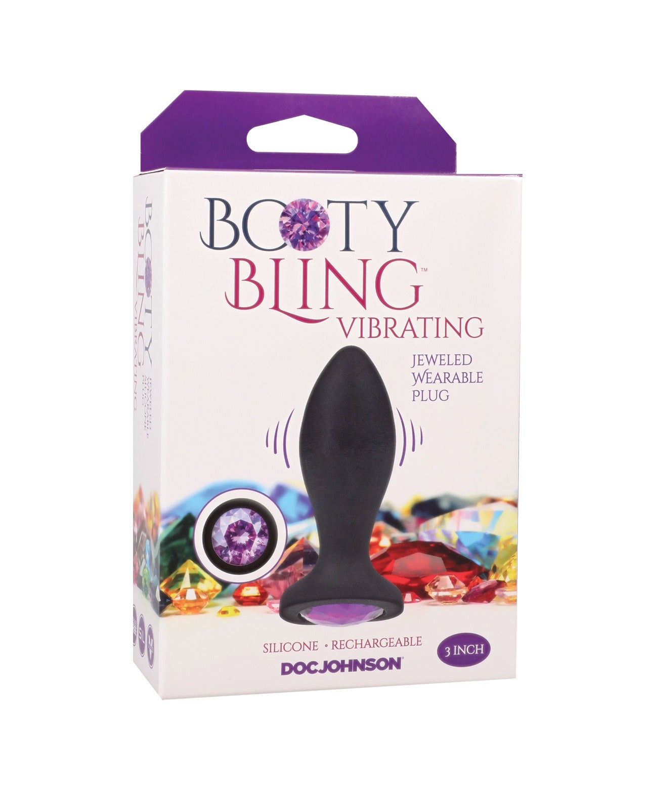 Plug vibratorio de silicona con joyas Booty Bling de 3 pulgadas, negro y morado, portátil