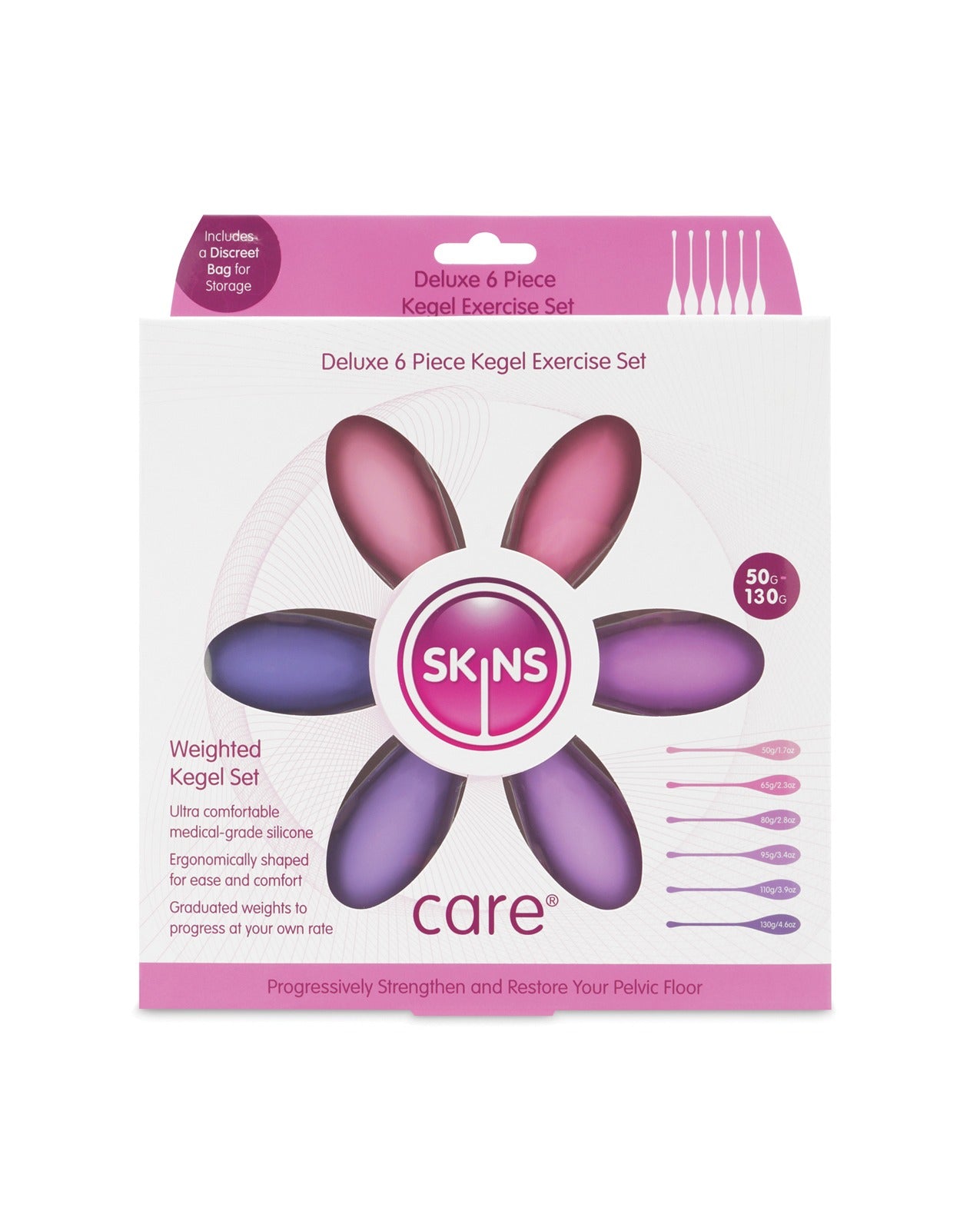 Set de ejercitadores de Kegel Skins Care Deluxe con seis entrenadores de silicona lastrados