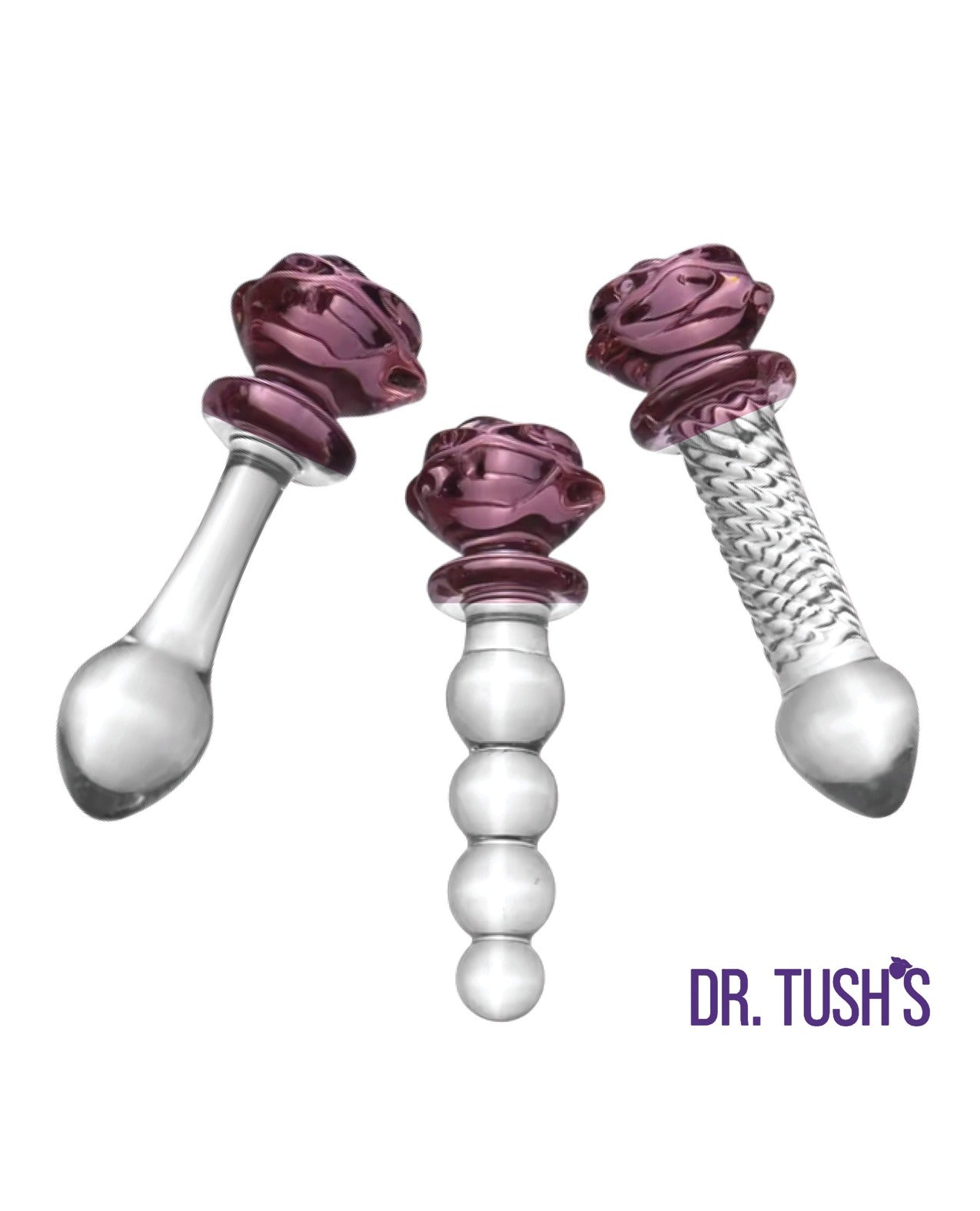 Set premium de dopuri anale din sticlă, în formă de trandafir, Dr. Tush, din sticlă borosilicată