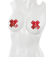 Load image into Gallery viewer, Reusable Studded Cross Pasties W-gold Ring Detail Ruby-gold O-s
