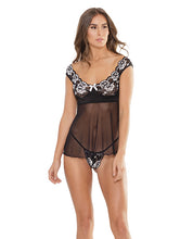 Load image into Gallery viewer, Classic Scallop Stretch Lace &amp; Mesh Babydoll &amp; G-string Black/white
