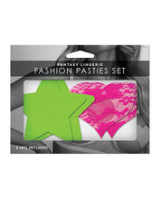 Cargue la imagen en el visor de la galería, Fantasy Uv Reactive Neon Star &amp; Lace Heart Pasties - Green &amp; Pink O-s Pack Of 2
