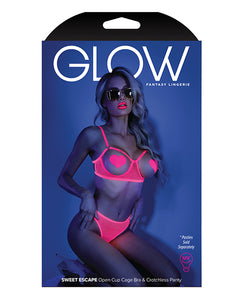 Glow Black Light Open Cup Bra & Crotchless Panties (pasties Not Included) Neon Pink
