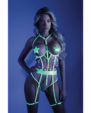 Load image into Gallery viewer, Glow Black Light Embroidered Cupless Garter Teddy (pasties Not Included) Neon Chartreuse
