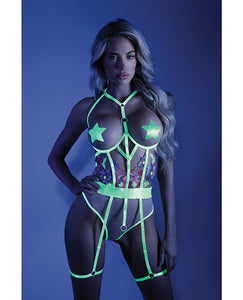 Glow Black Light Embroidered Cupless Garter Teddy (pasties Not Included) Neon Chartreuse