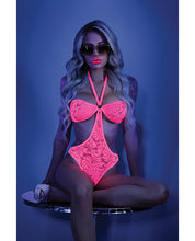 Load image into Gallery viewer, Glow Black Light Halter Bodysuit W/open Sides Neon Pink
