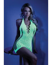 Load image into Gallery viewer, Glow Black Light Net Halter Dress Neon Green O-s
