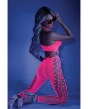 Load image into Gallery viewer, Glow Black Light Cropped Cutout Halter Bodystocking Neon Pink O-s
