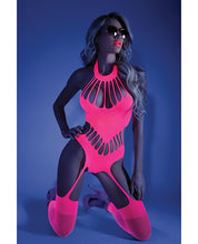Load image into Gallery viewer, Glow Black Light Footless Teddy Bodystocking Neon Pink O-s
