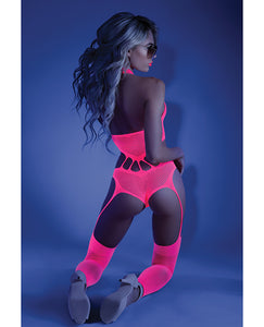 Glow Black Light Footless Teddy Bodystocking Neon Pink O-s