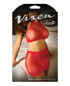 Vixen High Neck Halter Net Top & Tie Back Skirt Red