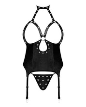 Load image into Gallery viewer, Lust Mistress Cupless Corset W/velcro Choker Collar, Metal Garters &amp; G-string Black
