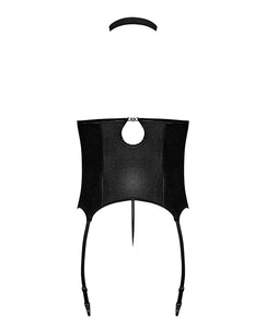 Lust Mistress Cupless Corset W/velcro Choker Collar, Metal Garters & G-string Black