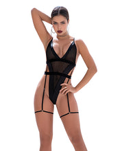 Load image into Gallery viewer, Shadow Panel Bodysuit W/hook &amp; Eye Crotch Closure &amp; Attached Garters Black
