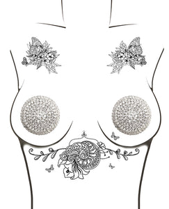 Neva Nude Burlesque Big O Crystal Jewel Reusable Silicone Pasties - Silver O-s