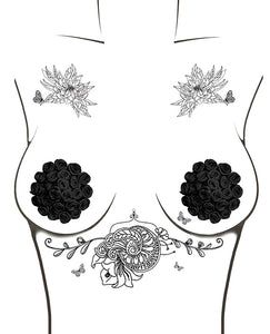 Neva Nude Burlesque Nightfall Roses Reusable Silicone Pasties - Black O-s