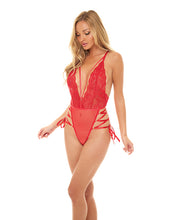 Load image into Gallery viewer, Sloane Soft Cup Deep Plunge Teddy W/side Lace Up Ribbon Detail Red
