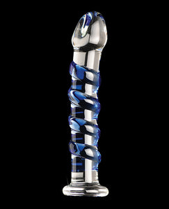 Icicles No. 5 Hand Blown Glass Massager - Clear W-blue Swirls