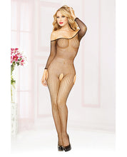 Load image into Gallery viewer, Seamless Fishnet Long Sleeve Off The Shoulder Open Crotch Bodystocking Black O-s
